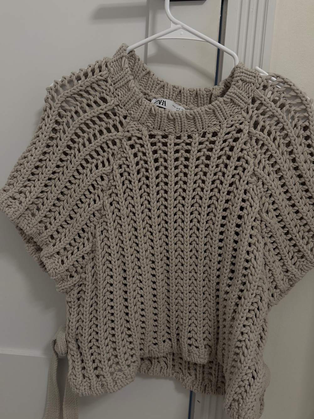 Zara Beige Open-Stitch Crochet Crewneck Sweater